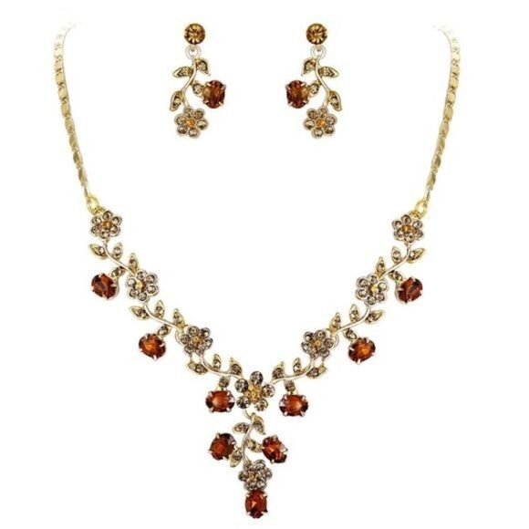 Yellow Gold and Topaz Austrian Crystal Flower Leaf Necklace and Earrings Set - Picture 1 of 6